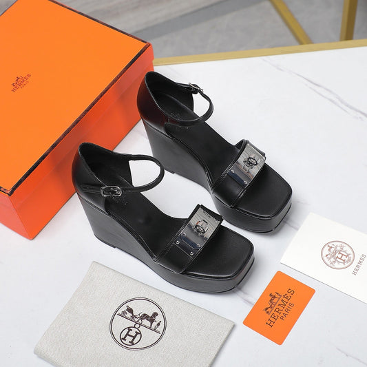 WEDGES SANDALS BLACK LAMBSKIN